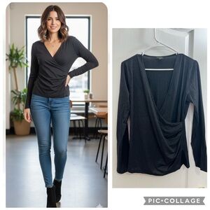 Talbots Elegant Black Drape long sleeves Blouse size M